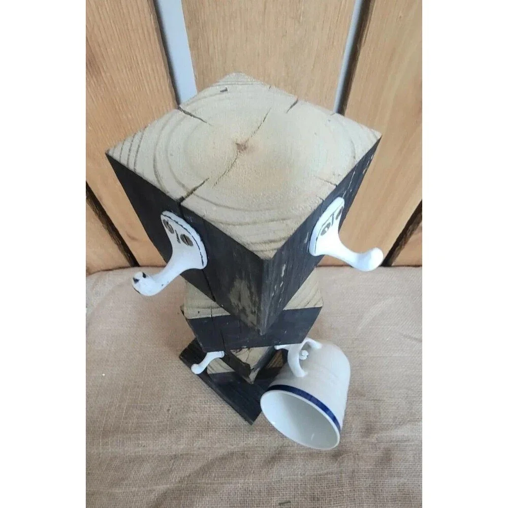 Mug Holder Wooden Rustic Farmhouse Coffee Cup Holds 8 Rotating Base Handmade